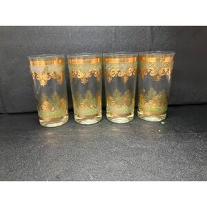 Georges Briard Signed Highball Glasses, Carrara‎ Gold & Green Tumblers, Set Of 4